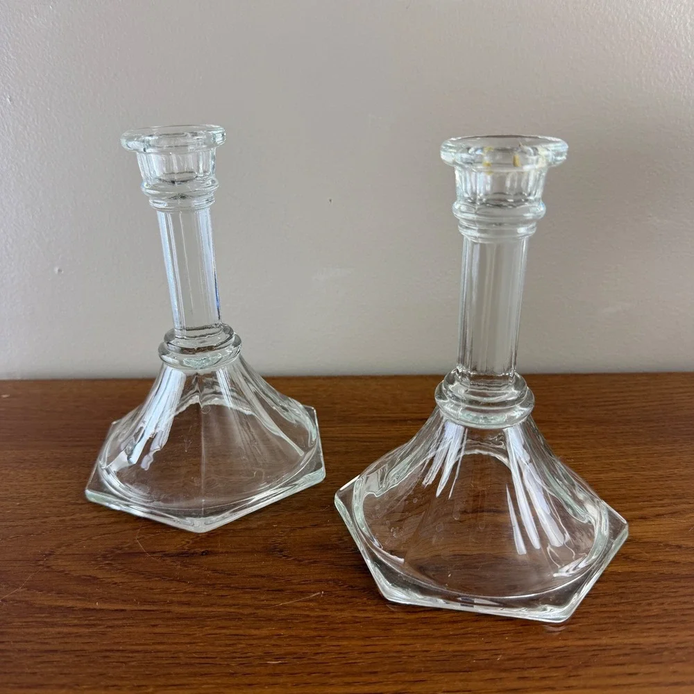 Vintage Pair Clear Glass Candlestick Holders Square Base Taper Candle Holders